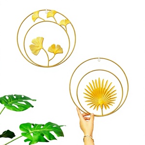 Gold Metal <b>Wall</b> Hanging Decorative <b>Leaf</b> <b>Wall</b> <b>Art</b> Round Modern Bedroom Living Room Decor - Product Image 3