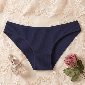 Culottes de bikini côtelées en coton bleu marine pour femmes, couleur unie, taille mi-haute, confortables pour le quotidien, sous-vêtements de sport OEM ODM - Product Image 3