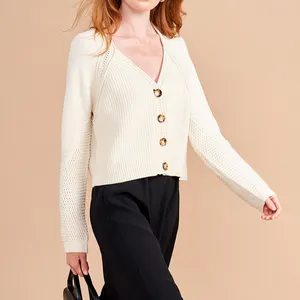 Ivory crochet sleeve crocheted oversized top long sleeve v neck front button down sweaters cardigan