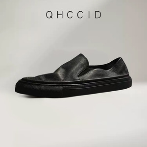Qinhong Men's Genuine Leather Loafers Slip-on Soft Sole Low <b>Heel</b> Business Casual Moccasins Solid Color Black <b>White</b> - Product Image 2
