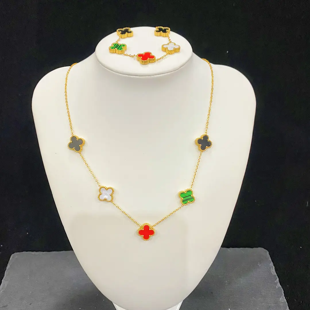 Set Perhiasan baja tahan karat dua sisi 13mm modis untuk wanita Set kalung gelang semanggi empat daun dan kalung