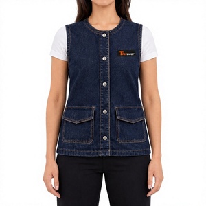 <b>Womens</b> Denim Vest Jacket Sleeveless Blue Jean <b>Waistcoat</b> with Button Front and Pockets Formal Breathable 100% Cotton Layering - Product Image 1