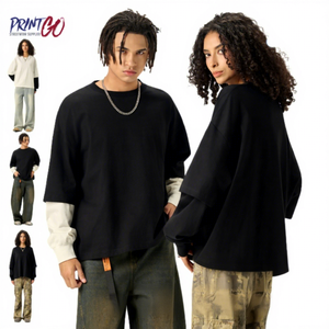 280 Gramm 100% Baumwolle Gestricktes Sportliches T-Shirt Doppellagiges Kontrastfarben-Design Laternenärmel Kurz Weit Kastenförmig Amerikanischer <span class=keywords><strong>Patchwork</strong></span>-Stil - Product Image 4