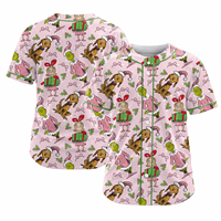 Maillot de baseball personnalisé par sublimation pour Noël, décontracté, à manches courtes, boutonné, rose, motif dessin animé, style streetwear