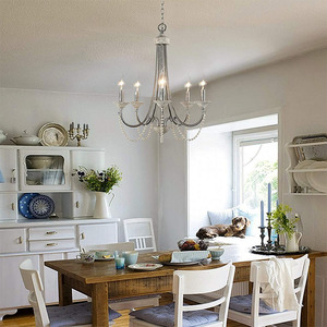 Metall Holz Perlen-Wangenlicht 5-Licht französisches Landhaus Bauernhaus Kronleuchter rustikales graues hängendes Licht für Esszimmer - Product Image 5