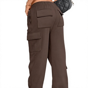 Pantalones Cargo Marrones para Mujer, Corte Holgado, Cintura Elástica, Color Sólido, Largos, Casuales, con Bolsillos, Estilo Otoñal - Product Image 2