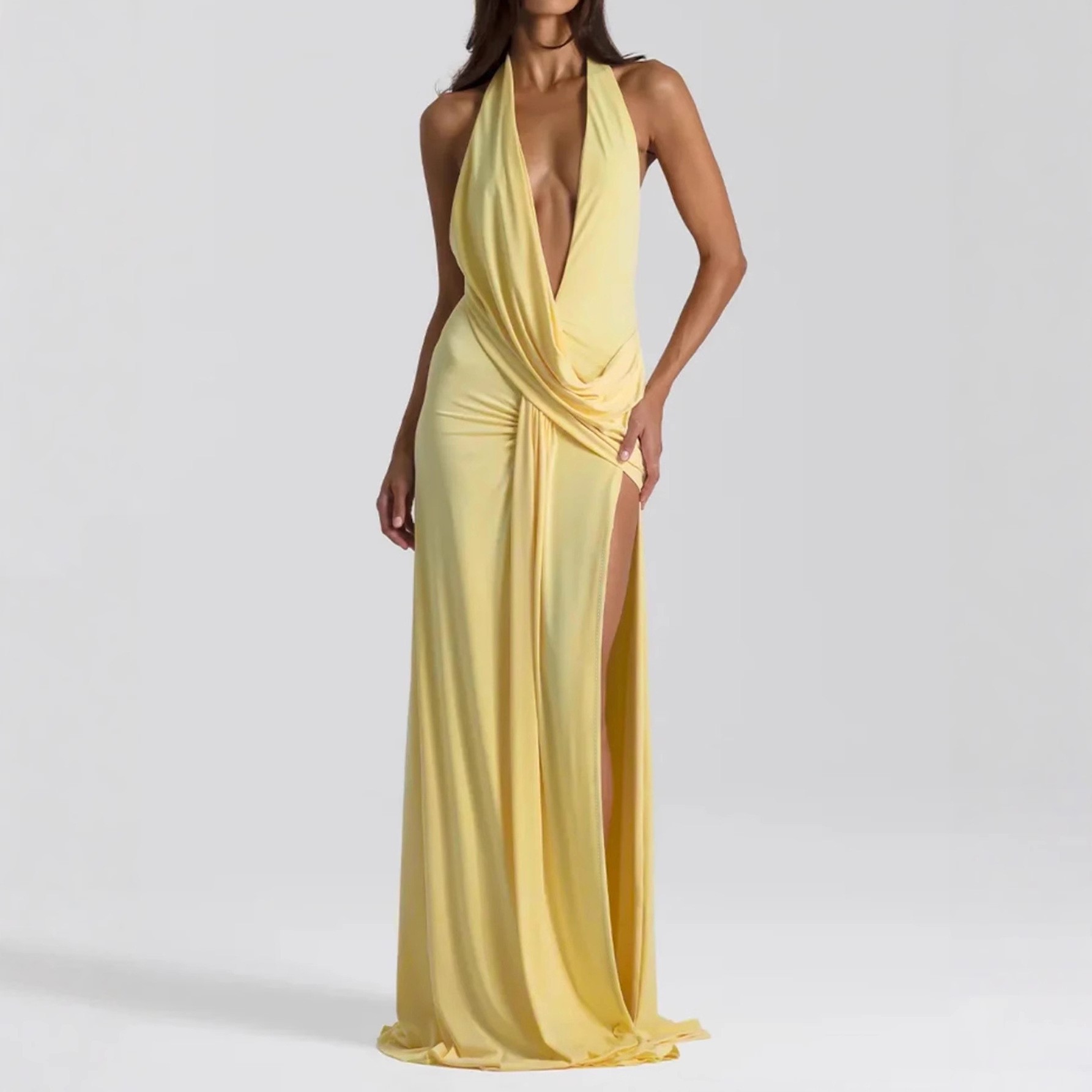 strapless open back dress Halter Neck Open Back Chiffon Maxi Dress, Navy main image 1