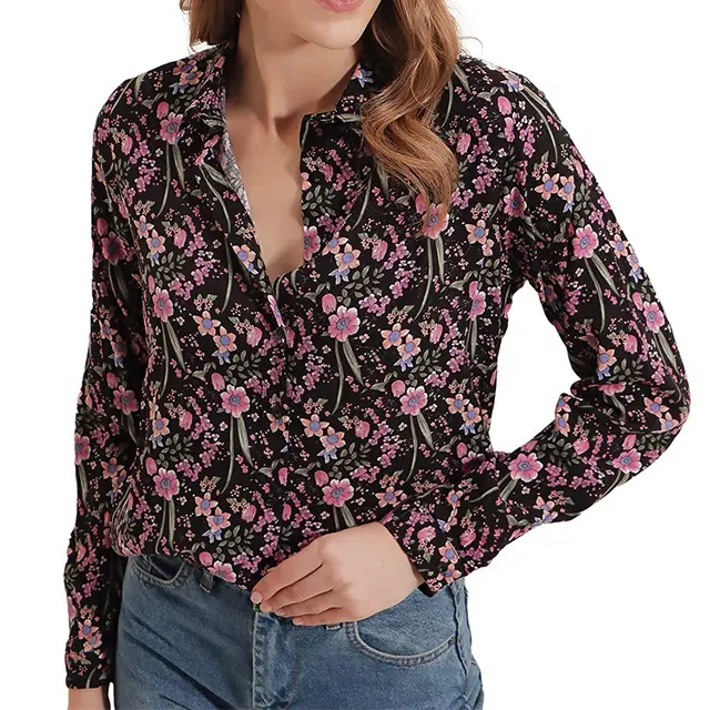 Floral Black New Arrivals Blouses for Women Fashion Casual Long Sleeve Button Down Shirts Work Office Tops