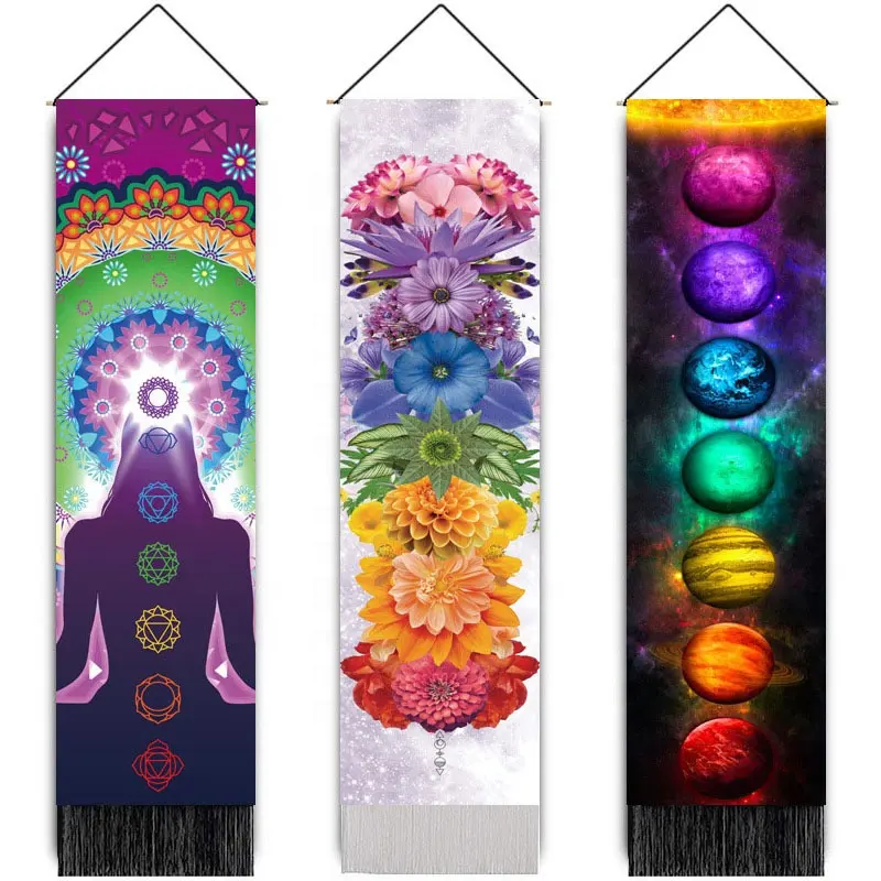 Bohemian Seven Chakras Tassels Scroll Hanging Painting Multicolor Planet Butterfly Flower Home Decoration Tapestry Painting