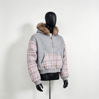 Sweat à capuche zippé pour homme, épais 400 g/m², à manches à carreaux, col en fausse fourrure, style patchwork vintage, streetwear, coupe oversize, personnalisable OEM
