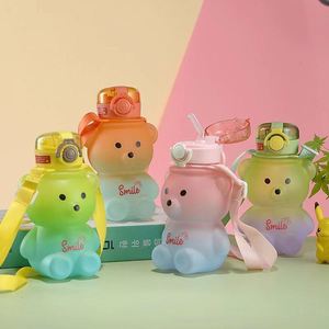 800ml Insulated Water Bottle for Girls Teens Kids Adjustable Removable Strap <b>Cute</b> Gradient Color <b>Bear</b> Straw Type for Easy Flow - Product Image 1