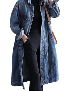 Women's Long <b>Denim</b> <b>Coat</b> Solid Color Button Front Loose Fit Stonewashed Casual Autumn Jacket - Product Image 1