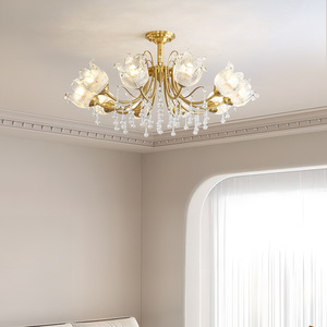 American Retro <b>Crystal</b> Flowers Vintage French Copper Brass <b>Chandelier</b> Flush Mount for Living Room - Product Image 2