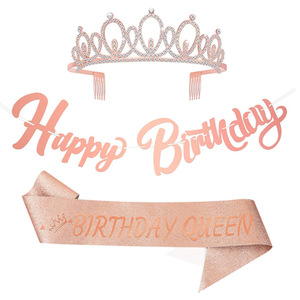 Ensemble de fête d'anniversaire or rose, couronne en alliage, écharpe scintillante, décoration Joyeux Anniversaire Reine, 8-13 ans - Product Image 1