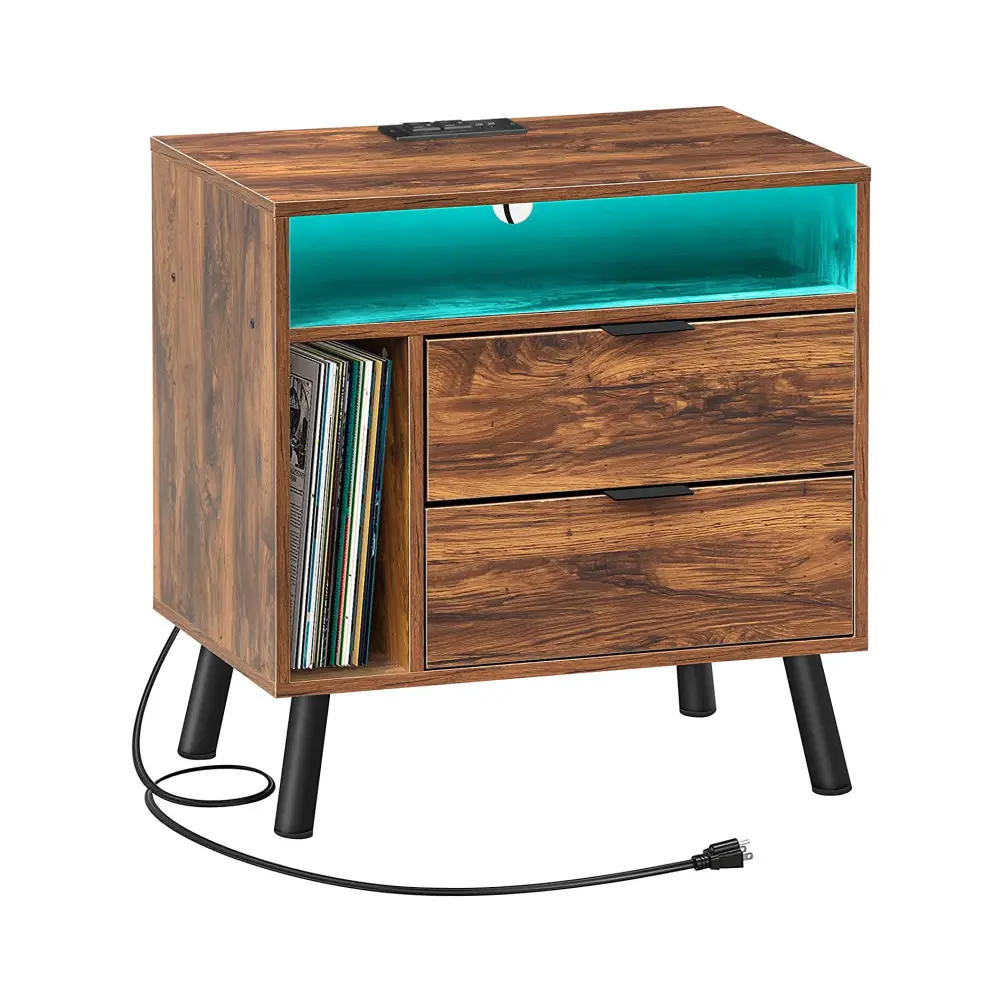 Modern design organizer open shelf cabinet night stand bedside table with charging station LED lights USB ports and outlets