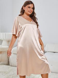Plus Size Smooth <b>Satin</b> Nightdress Ruffle Elegant Sleeve V Neck Solid Sleepdress for Woman - Product Image 6