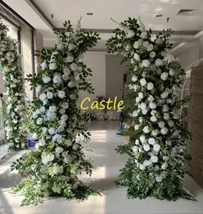 O-X869 Hot Sale Horn Shape Wedding Event Backdrops Green Leaf with White White Artificial Flowers Arrangement Flower Arch Props