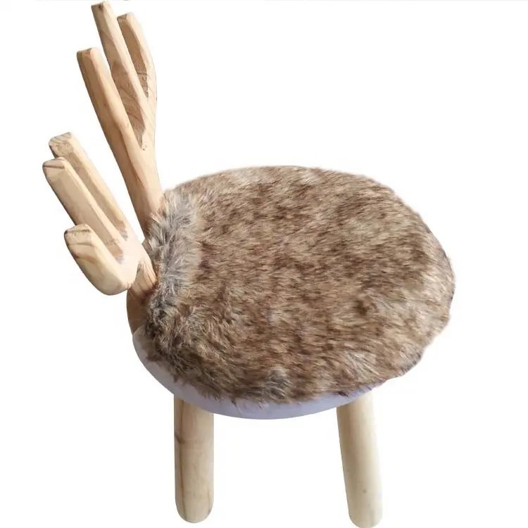 Tabouret en fausse fourrure en bois de chêne pour enfants, tabouret de taille d'école de bébé lapin pour enfants, tabouret de bébé en gros