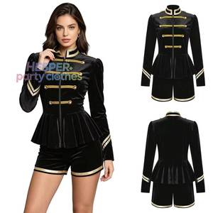 Conjunto de Uniforme de Terciopelo para Mujer HP, Chaqueta con Peplum, Pantalones Cortos, Adorno de Trenza Dorada, Disfraz de Bandleader para Halloween - Product Image 1