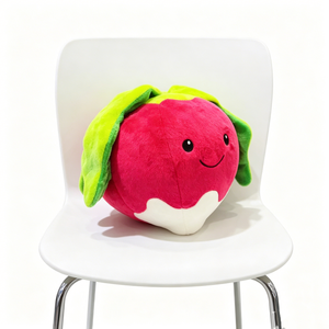 Coussin en peluche personnalisé en forme de radis mignon, radis rouge doux et moelleux, animal en peluche sur le thème des légumes avec visage souriant et feuilles vertes - Product Image 1