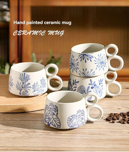 Tasse à café en céramique bleue et blanche peinte à la main, tasse à eau de qualité supérieure, tasse à lait pour le petit-déjeuner, mug de couleur sous glaçure - Product Image 2