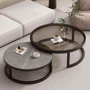 Tavolino da Caffè Rotondo Allungabile con Piano in Ardesia e Struttura in Metallo, Contenitore Retrattile, Arredamento Moderno di Lusso per la Casa - Product Image 2
