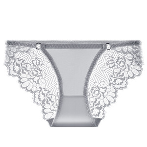 Culottes en satin gris pour femmes, taille basse, élégantes, en dentelle florale, sexy, sous-vêtements féminins respirants avec entrejambe en coton - Product Image 1