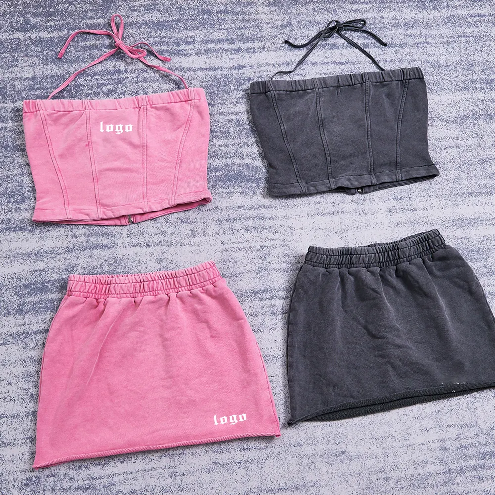 कस्टम विंटेज ट्यूब शीर्ष Bodysuit महिलाओं के वस्त्र आउटफिट एसिड धोया दो टुकड़ा सेट स्कर्ट और शीर्ष