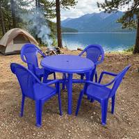 Juego de Comedor de Plástico para Patio, 1 Mesa y 4 Sillas, Sillas con Reposabrazos de Malla Transpirable Azul Brillante, Mesa Redonda, para Restaurante al Aire Libre