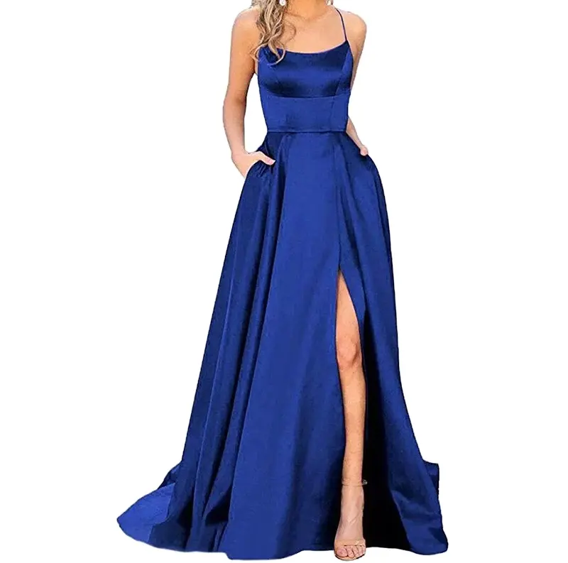 High Quality Luxury Satin Soft Halter Evening Dress Formal Small Train Slit Party Gown