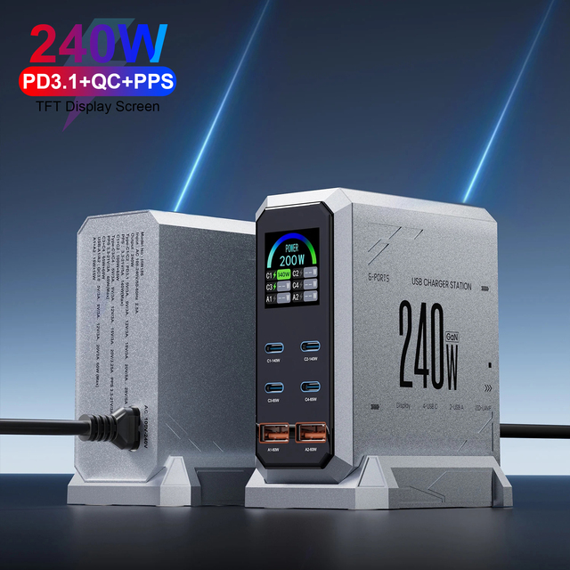 GaN Multiport 240W 4C2A TFT Display Charger USB C PD 100W 65W 30W Desktop Charging Station Laptop Portable Phone Accessories