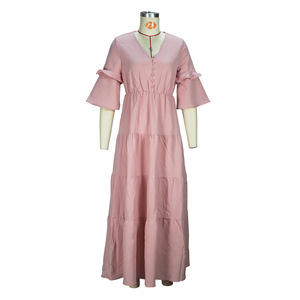 เดรสลำลองแขนระบายคอวีสีพื้นเรียบหรูสำหรับผู้หญิงแฟชั่น - Product Image 2