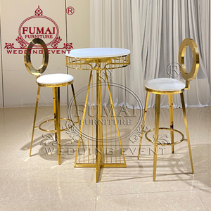 Modern Round <b>Marble</b> Top <b>Bar</b> <b>Table</b> with Gold Metal Frame and 2 Stools for Home <b>Bar</b> or Wedding Event - Product Image 3