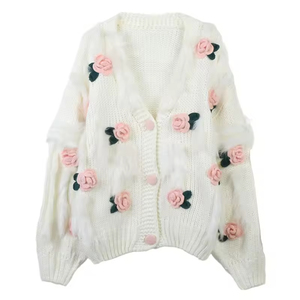 <span class=keywords><strong>Rosette</strong></span> trang trí mềm áo len Fox Fur <span class=keywords><strong>TRIM</strong></span> len cardigan Crochet Fluffy trang trí của phụ nữ sườn Chunky Knit cardigan Áo khoác - Product Image 4