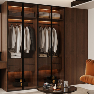 Armoire de chambre à coucher de style vintage avec porte en verre, en bois de noyer, du sol au plafond, grande capacité, personnalisation complète de la maison - Product Image 3