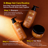 Set de cuidado capilar de marca privada, orgánico, de reparación profunda, con aceite de argán marroquí, champú, acondicionador y mascarilla capilar para cabello seco y dañado.