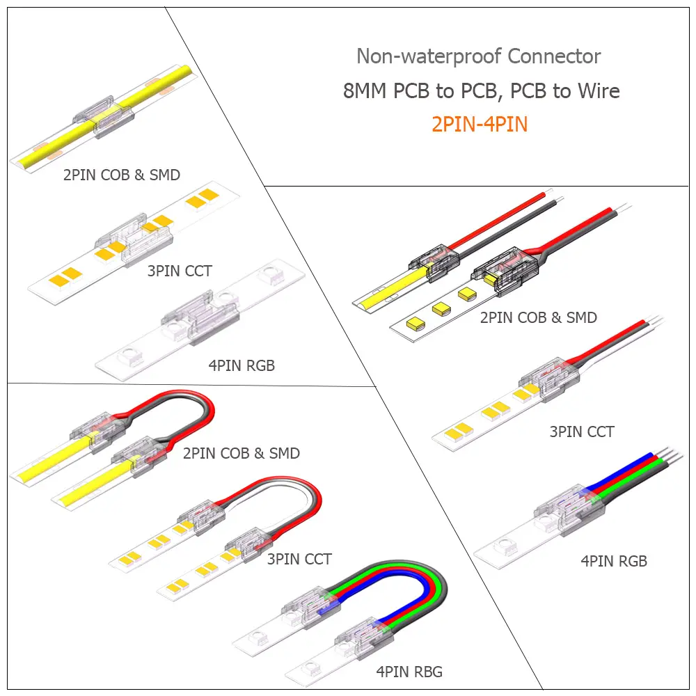 Topbrite 8MM 2PIN 3PIN 4PIN Single/Dual Color RGB RGBW COB Led Strip Light Connector