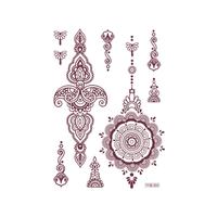 Tatouages au henné brun personnalisés, organiques, prêts pour les festivals, avec des motifs floraux tendance, art corporel au henné facile à appliquer, détails détaillés.