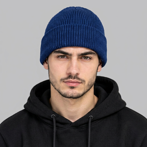 Blue Knitted <b>Beanie</b> <b>Hat</b> <b>Men</b> Solid Color Winter Warm Cap Casual Style 100% Wool Handmade <b>Beanie</b> 56-58CM Head Cycling Beach - Product Image 1