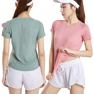 Haut de sport d'été personnalisé pour femme avec logo imprimé par transfert thermique, séchage rapide, extensible, en Spandex/Nylon, manches courtes, maille respirante - Product Image 1