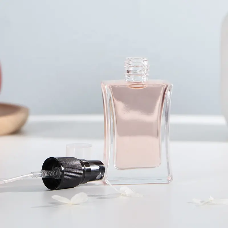 Botol parfum kaca mode persegi 30ml transparan dengan kepala semprot plastik hitam