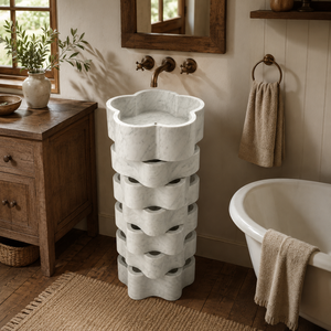 Lavabo de Pedestal Moderno con Forma de Flor, Lavabo de Baño de Mármol Pulido, Diseño Contemporáneo de Instalación en el Suelo - Product Image 6