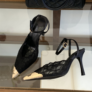 Sandales à talons pour femme, escarpins à bout pointu en dentelle, talons aiguilles, bout doré métallique, bride cheville, pour soirée et mariage - Product Image 5