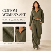 Ensemble de détente 2 pièces personnalisé pour femme à rayures fines, veste courte à demi-zip et pantalon large, OEM ODM Marque privée Vêtements en gros