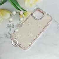 Étui Imd avec nœud papillon en perles 3D, logo personnalisé imprimé, étui de téléphone portable avec cordon pour iPhone 16 Pro Max 17 15