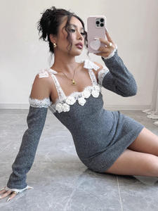 All'ingrosso donna primavera autunno <span class=keywords><strong>maglia</strong></span> abito Patchwork di <span class=keywords><strong>pizzo</strong></span> <span class=keywords><strong>con</strong></span> collo a barca a mano stile <span class=keywords><strong>maniche</strong></span> staccabili - Product Image 3