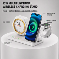Support de charge sans fil 15W avec lampe, horloge, veilleuse et indicateur LED, design pliable pour téléphones portables, écouteurs et montres connectées