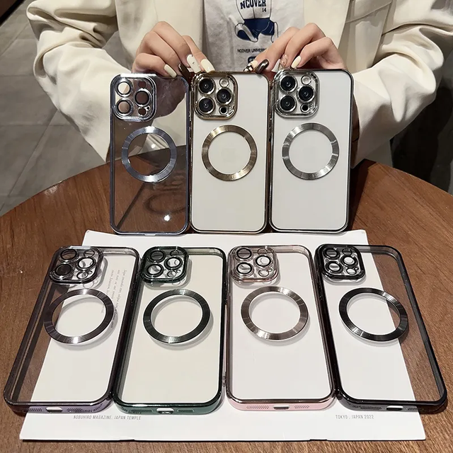 Luxury Support Magnetic Safe Mobile Phone Cover Fashion Plating Wireless Charger TPU Case for iPhone 17 16 15 14 13 12 Pro Max