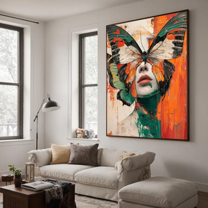 Dipinto Astratto di Donna con Farfalle, <span class=keywords><strong>Arte</strong></span> Murale Surreale Figurativa, Opera d'<span class=keywords><strong>Arte</strong></span> Originale Testurizzata in Arancione e Verde, Ritratto Moderno - Product Image 2