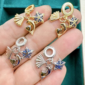 CZ9102 delfino e stella d'oro 18K placcato in argento conchiglia e stelle marine sole e luna ciondolo triplo ciondolo per bracciale - Product Image 1